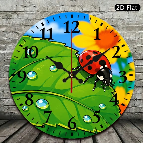 Patifu 10 Inch Wall Clock Ladybug On Dewy Green Leaf Print Silent Sweep Movement 12x12in