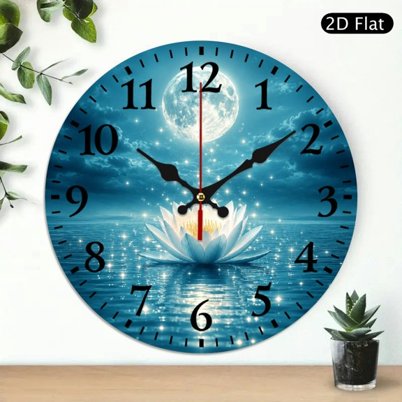Patifu 10 Inch Wall Clock Moonlight Lotus Flower On Water Silent Mechanical Movement 10x10in