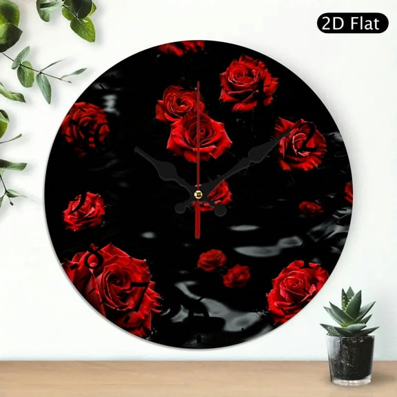 Patifu 10 Inch Wall Clock Red Roses Black Print Silent Sweep Movement Durable Wood 10x10in