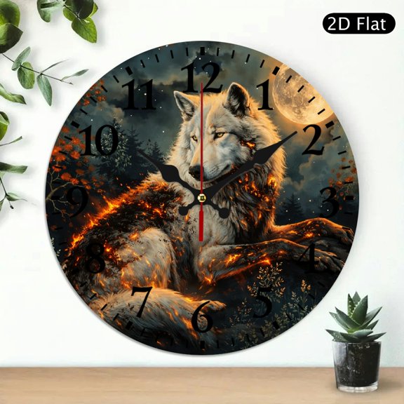Patifu 10 inch Decor Gift, White Wolf with Flame Markings Under Full Moon Print, Battery Operated (AA Not Included) Wall hanging decor - Lobby Corridor Dining Room Bedroom Office Classroom
