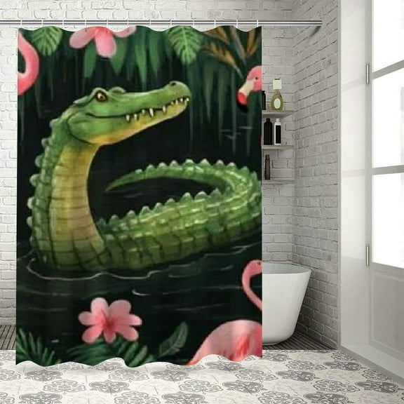 Patifu Alligator Flamingos Jungle Bathroom Set, Graphic Print Polyester Stylish Shower Curtain with Hooks for Bathroom Home Bathtubs Decoration 60"x72