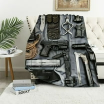 Patifu Army Rifle Machine Gun Fleece Throw Blanket Gun Pattern Sherpa Blanket for Bed Sofa Couch Kids War Theme Plush Blanket Military Themed Warm Fuzzy Blanket Bedroom Decor 40"x50" White