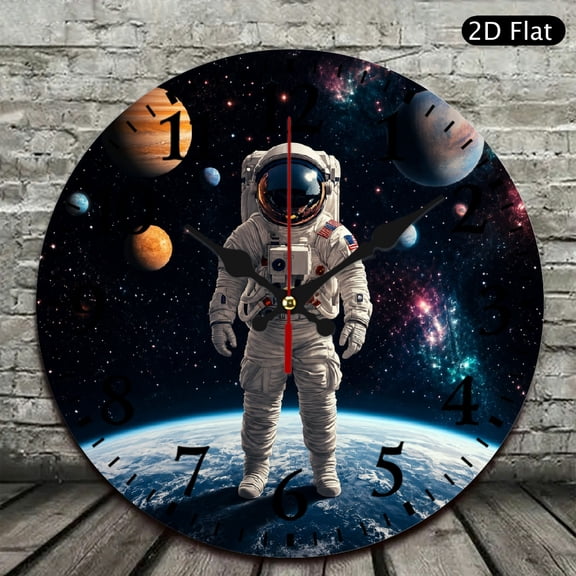 Patifu Astronaut Earth Space Theme Wooden Wall Clock 10 Inch Round Silent Sweep Movement 12x12in