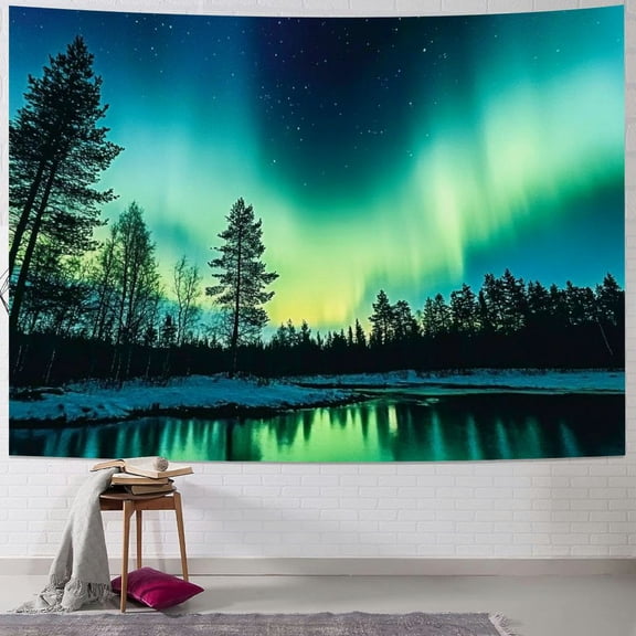Patifu Aurora Borealis Tapestry, Sky over Lake Surrounded Forest Woods Hemisphere Print, Wide Wall Hanging for Bedroom Living Room Dorm 40x30inch