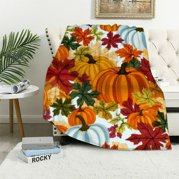 Patifu Autumn Harvest Pumpkins Print Flannel Blanket for Autumn Winter Gifts Warm Cozy Soft Funny Print Throw for Bed Couch Sofa Small for Kid 40x50in