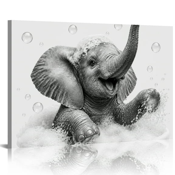 Patifu Baby Elephant In Bathtub With Bubbles Canvas Wall Art For Living Room Bedroom Kitchen Decor 24x16in