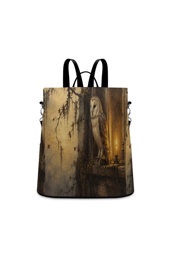 Barn Owl On Ancient Stone Window With Candle Anti Theft Backpack, Purse for Women, Secure Back Zipper, Multi-Purpose Rucksack Backpack With Adjustable Strap, Womens Travel Backpack, Lightweigh