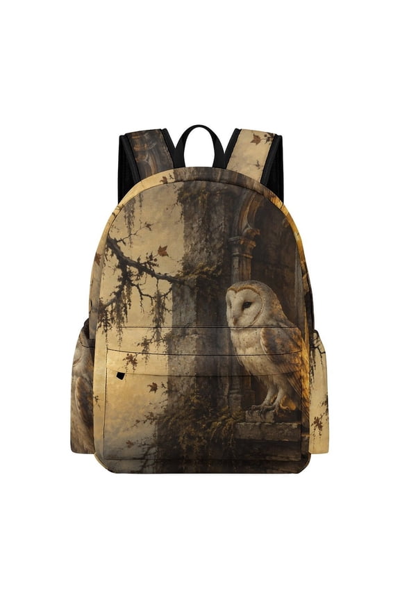 Barn Owl On Ancient Stone Window With Candle Printed Oxford Backpack, Large Capacity Laptop Backpack, Water Resistant, Travel Daypack for College Work Commuting Adults, 42x30x15cm