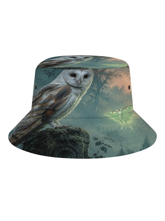 Barn Owl And Lunar Moth On Mossy Stone Pillar Bucket Hat, Soft, Printed, Packable Fisherman Sun Hat for Beach Travel Hiking Vacation, Sun Hat for Women Men, One Size