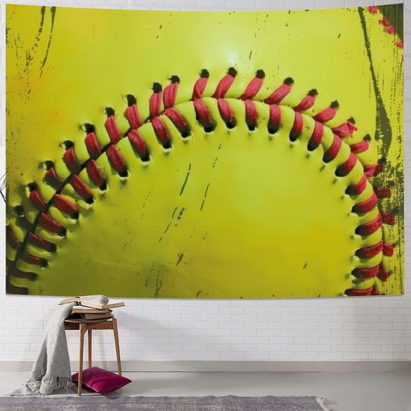 Patifu Baseball Stitches Yellow Ball Tapestry Wall Hanging Unique Style Graphic Art Decor for Living Room Bedroom Farmhouse Dorm 40x30inch
