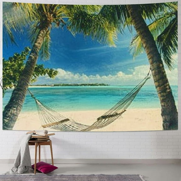 Patifu Beach Tapestry King Size, Hammock and Palm Trees at a Tropical Beach Scenic Coastline Sunny Summer, Wall Hanging  Cover Wall Decor 40x30inch