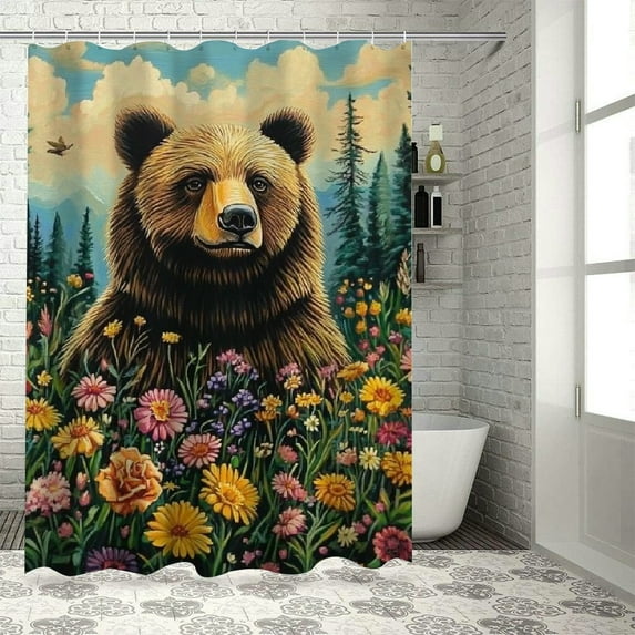 Patifu Bear Flowers Trees Shower Curtain Set with Hooks, 100% Polyester Fabric Bathroom Decoration, Waterproof, Easy to Install, Vibrant HD Print 36"x72