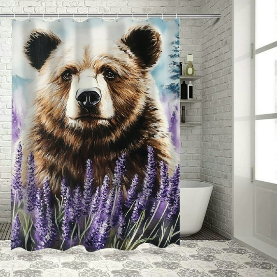Patifu Bear Lavender Flowers Chic Modern Bathroom Decor Shower Curtain with Hooks 100% Polyester Fiber 36"x72