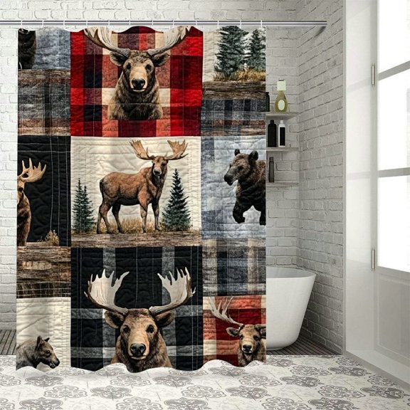 Patifu Bear Moose Quilt Washable Bathroom Shower Curtain Set with Hooks 36"x72