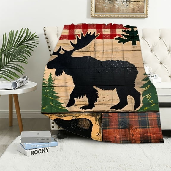 Patifu Bear Moose Wood Panel Folk Art Flannel Blanket Soft Fleece Throw Blanket Living Room Sofa Decor Cow Gifts All Seasons Plush Blankets 60x80in