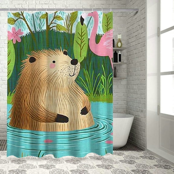 Patifu Beaver Flamingo Pond Washable Shower Curtain with Hooks 36"x72