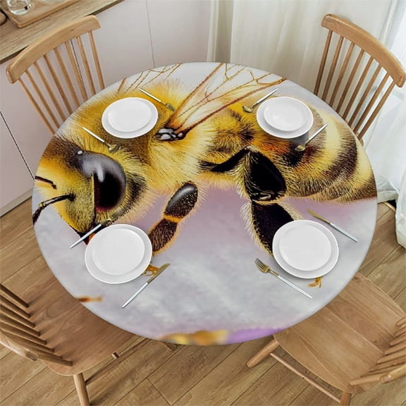 Patifu Bee Honeybees Round Tablecloth Stain-Resistant Washable Indoor Outdoor Dining Decor 100% Polyester with Elastic Edge Single-Sided Printing Full Width 46"-50