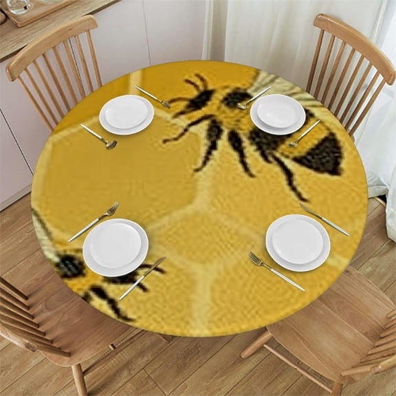 Patifu Bee Honeycomb Pattern Round Tablecloth 100% Polyester with Elastic Edge Washable for Home Kitchen Outdoor Decoration 42"-46