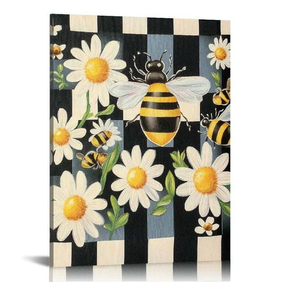 Patifu Bees Daisies Checkered Background Canvas Prints Wall Art for Living Room Bedroom Home Office Decor 16x20 in