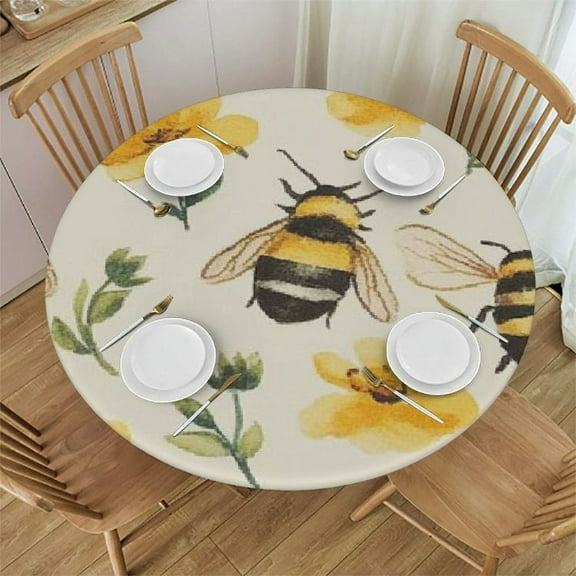 Patifu Bees Flowers Round Tablecloth | Stain-Resistant & Washable | Ideal for Indoor & Outdoor Use | 100% Polyester Table Cover with Elastic Edge | Various Sizes Available 42"-46