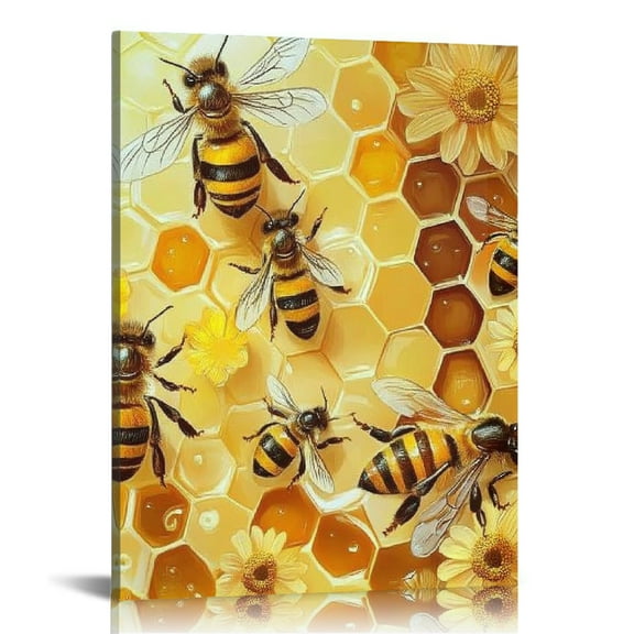 Patifu Bees Honeycomb Flowers Canvas Wall Art for Living Room Bedroom Home Office Decor 12x16 in