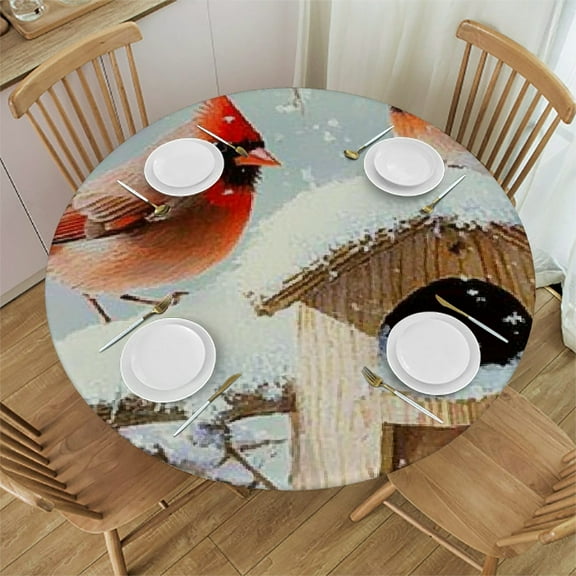 Patifu Bird House Snow Round Tablecloth Waterproof Table Cover Stain-Resistant for Indoor and Outdoor Dining, Parties, Weddings - Multiple Sizes Available 31"-35
