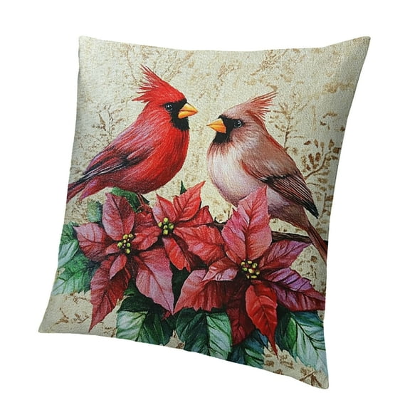 Patifu Bird Pillow Cover Christmas Poinsettia Red Cardinal Bird Leaves Flowers Decorative Throw Pillow Case  Square Cushion Cover Sofa Bedroom 12x12in