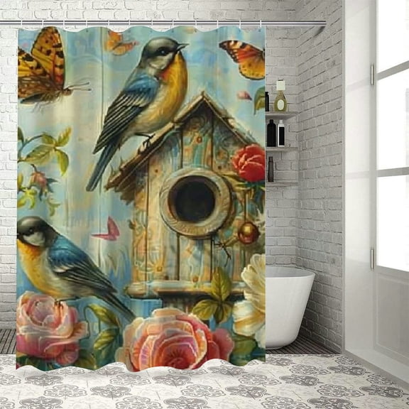 Patifu Birds Butterflies Birdhouse Chic Modern Bathroom Decor Shower Curtain with Hooks 36"x72