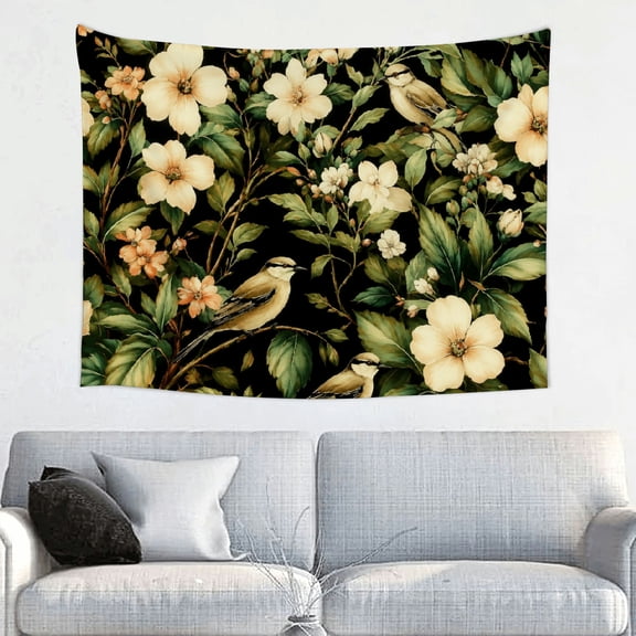 Patifu Birds Cream Flowers Polyester Fabric Wall Hanging Tapestry for Bedroom Living Room Dorm 40*30in