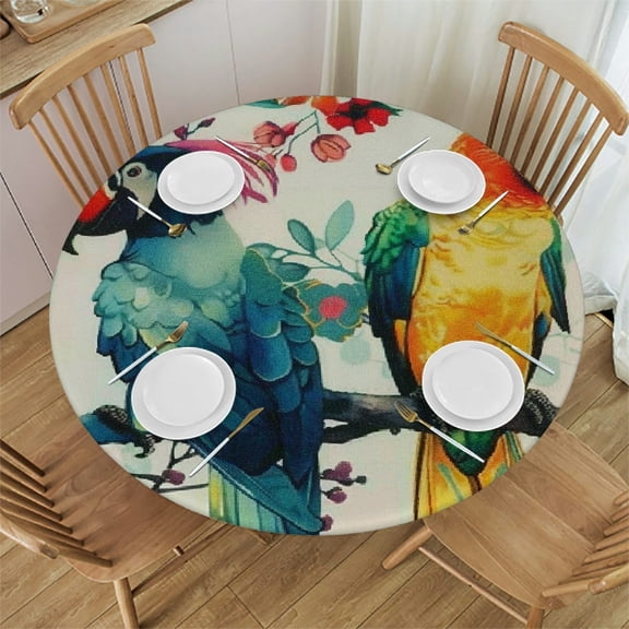 Patifu Birds Flowers Silk Screen Round Tablecloth with Elastic Edge for Indoor and Outdoor Dining - Stain-Resistant and Washable - Ideal for Restaurants, Weddings, Parties - Kitchen Farmhouse