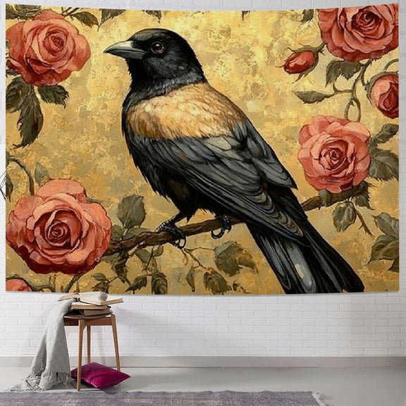 Patifu Birds Roses Gold Tapestry Wall Hanging Unique Style Graphic Tapestries Home Decor Art for Living Room Bedroom Apartment Farmhouse Dorm 60x50inch