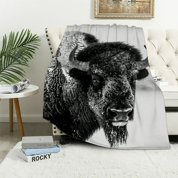 Patifu Bison Long Horn Snow Warm Lightweight Blanket Soft Fleece Blankets for All Seasons 60x80in