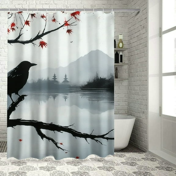 Patifu Black Bird Branch Lake Shower Curtain with Hooks 100% Polyester 36"x72