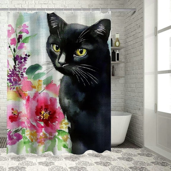 Patifu Black Cat Bouquet Washable Shower Curtain with Hooks 100% Polyester 69"x72