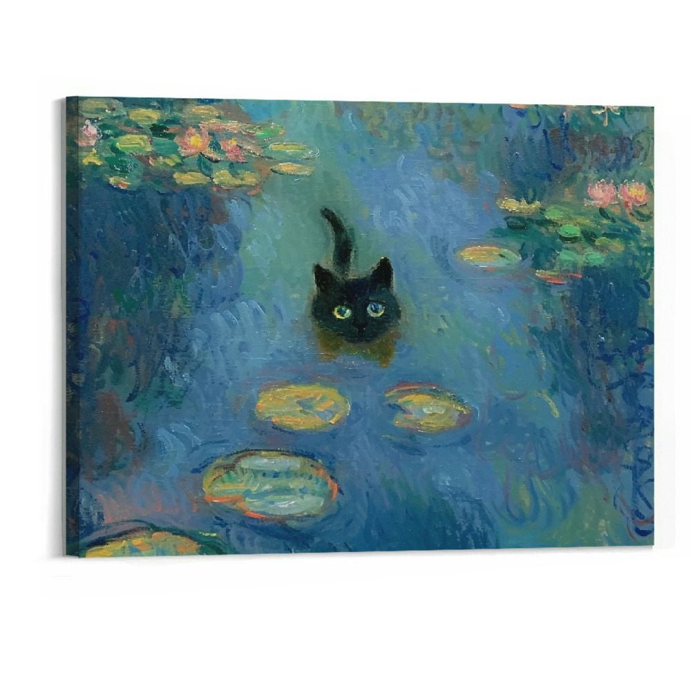 Funny Black Cat Wall Art – Hiding In Sunflowers Van Gogh Style – Framed Canvas Poster 8x10 Inches