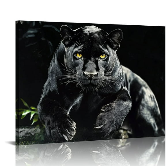 Patifu Black &amp; White Panther Canvas Wall Art Wildlife Animal Pictures Prints Wild Leopard wIth Yellow Eyes Paintings Modern  Artwork for Living Room Bedroom Bathroom Office Decorations 16x12in