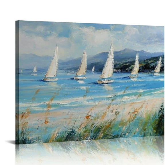 Patifu Blue Abstract Sailboat Wall Art - Coastal Nautical Painting for Home Decor - Large  Canvas Print for Living Room, Bedroom, Office - Teal Ocean Seascape Art 20x16in