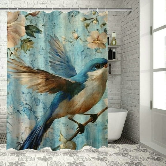 Patifu Blue Bird Flowers Shower Curtain 100% Polyester with Hooks 36"x72
