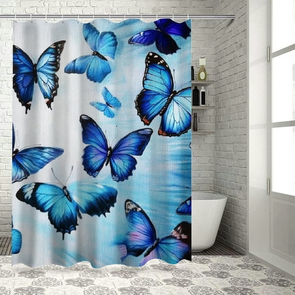 Patifu Blue Butterflies Shower Curtain Set 100% Polyester with Hooks 60"x72