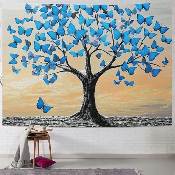 Patifu Blue Butterflies Sun Tapestry Wall Hanging Unique Style for Home Decor, Vivid Design, Soft Lightweight Fabric, Multiple Sizes Available 40x30inch