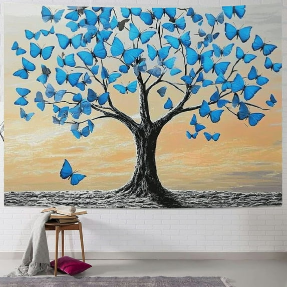 Patifu Blue Butterflies Sun Tapestry Wall Hanging Unique Style for Home Decor, Vivid Design, Soft Lightweight Fabric, Multiple Sizes Available 50x40inch