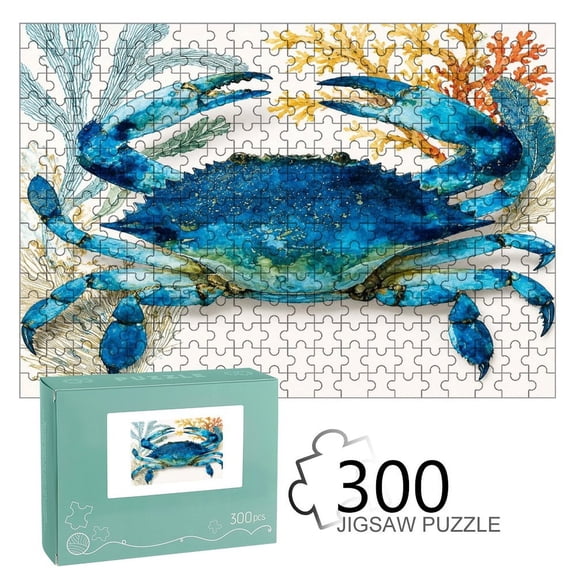 Patifu  Blue Crab Watercolor Wooden Jigsaw Puzzle, HD Printed Art Puzzle, Interactive Family Game, Wall Decor for Bedroom Living Room, Educational, Fun Gift for Adults and Family