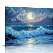 Patifu Blue Ocean Waves Landscape Wall Art, Beach Moon Sea Waves Night View Canvas Wall Painting for Living Room Bedroom Office Bathroom Birthday Gift Home Decor 16x12in