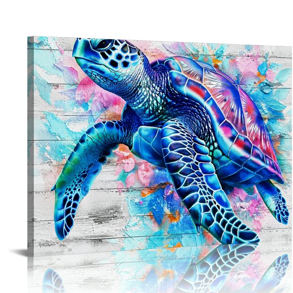 Patifu Blue Sea Turtle Canvas Wall Art Framed HD Print Ready To Hang Home Decor 16x12in