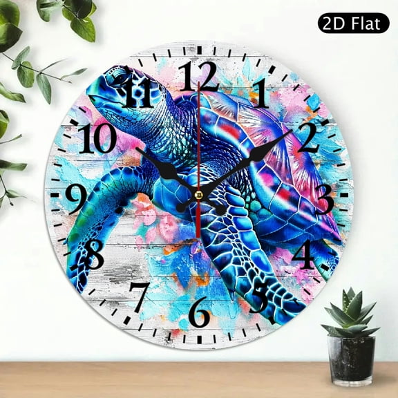 Patifu Blue Sea Turtle Theme 10 Inch Round Wooden Wall Clock Silent Sweep Movement 10x10in