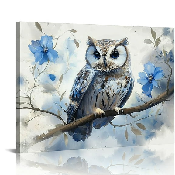 Patifu Blue Watercolor Owl Paintings Canvas Wall Art Owl Home Decor Artwork for Living Room Office Bedroom Bathroom Owl Canvas Picture Watercolor Animal Prints Owl Canvas Painting 16x12in