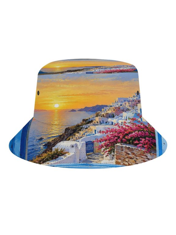 Blue Window Frame Coastal Town Sunset View Bucket Hat, Soft, Printed, Packable Fisherman Sun Hat for Beach Travel Hiking Vacation, Sun Hat for Women Men, One Size