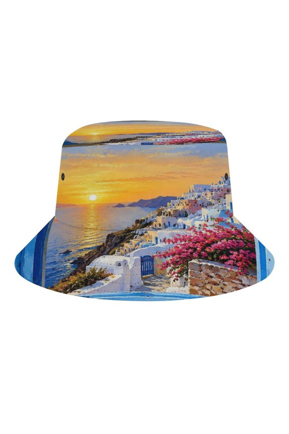 Blue Window Frame Coastal Town Sunset View Bucket Hat, Soft, Printed, Packable Fisherman Sun Hat for Beach Travel Hiking Vacation, Sun Hat for Women Men, One Size