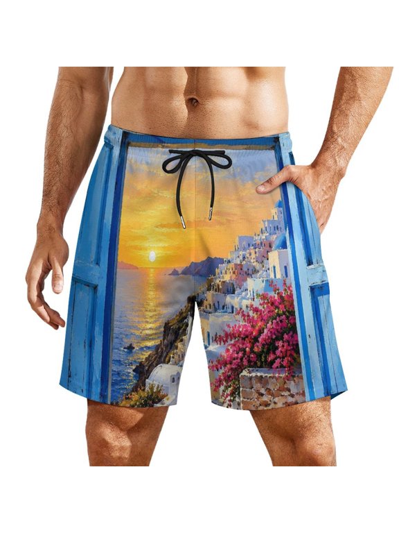Blue Window Frame Coastal Town Sunset View Men's Beach Shorts, Breathable Mesh Lining Quick Dry with Pockets, Casual Swimwear for Adults,