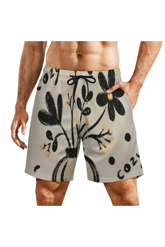 Brush Stroke Cozy Vase Floral Art Print Men's Beach Shorts, Breathable Mesh Lining Quick Dry with Pockets, Casual Swimwear for Adults,